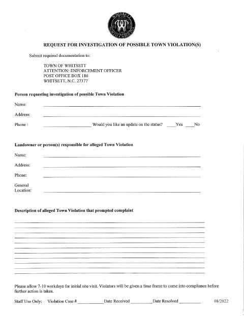First page of the Request for Investigation of Possible Town Violations