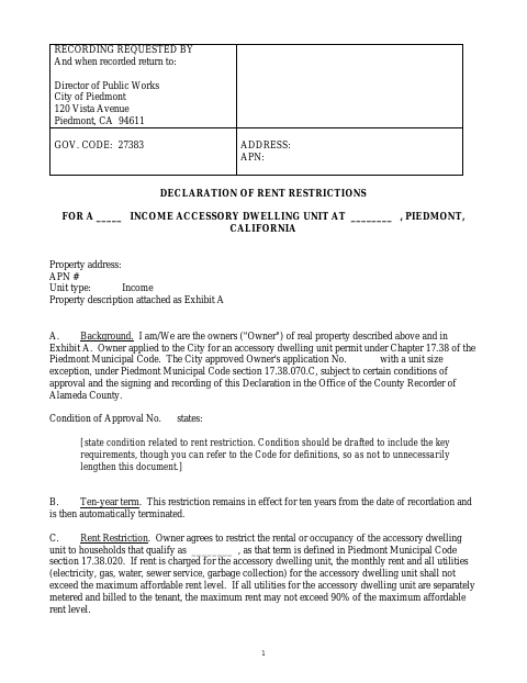 First page of the ADU Declaration of Rent Restrictions