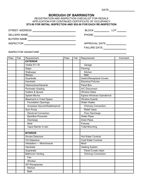 First page of the Registration and Inspection Checklist for Resale Application for Continued Certificate of Occupancy