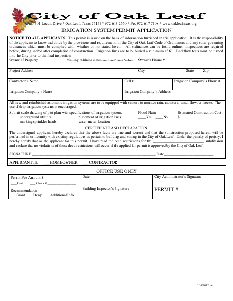 First page of the Irrigation System Permit Application