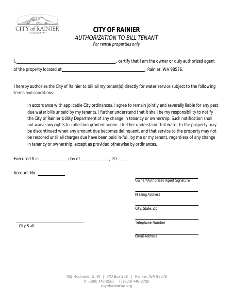 First page of the Authorization to Bill Tenant
