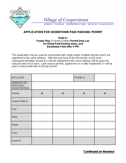 First page of the Downtown Paid Parking Permit Application