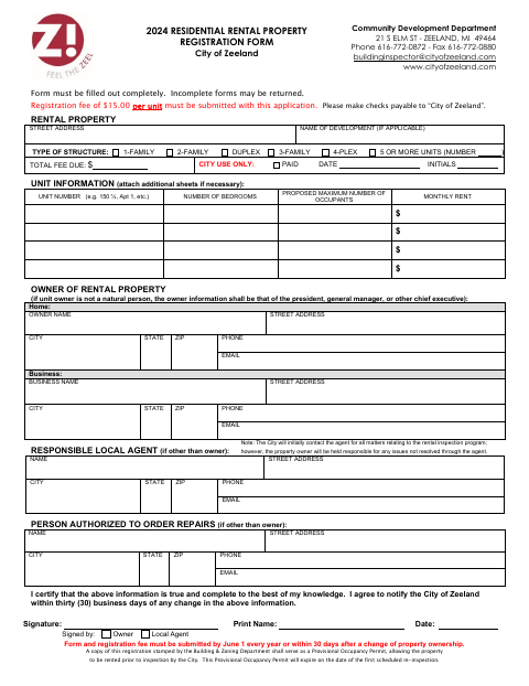First page of the Residential Rental Property Registration Form