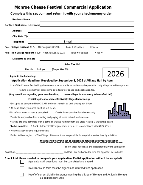 First page of the Cheese Festival Commercial Application