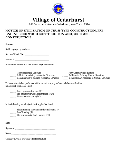 First page of the Notice of Utilization of Truss Type, Pre-Engineered Wood, and Timber Construction