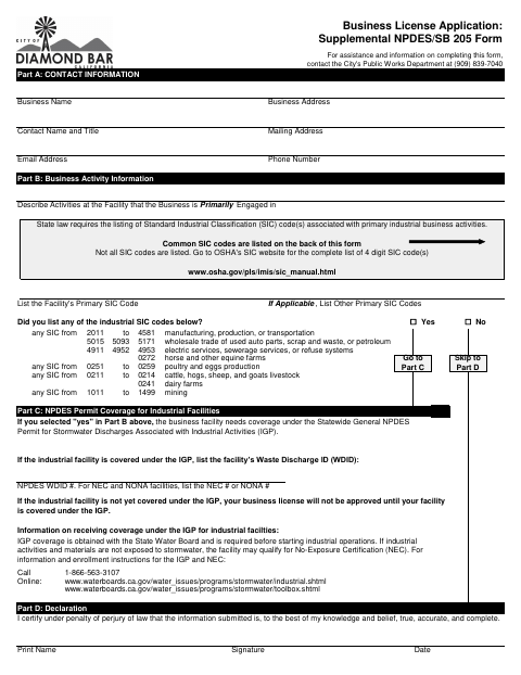 First page of the Supplemental NPDES/SB 205 Form