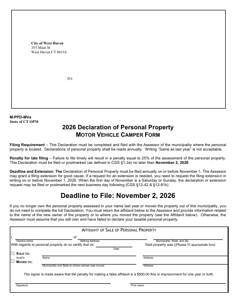 First page of the Personal Property Declaration – Motor Vehicle Camper