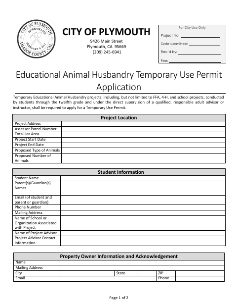 First page of the Educational Animal Husbandry Temporary Use Permit Application