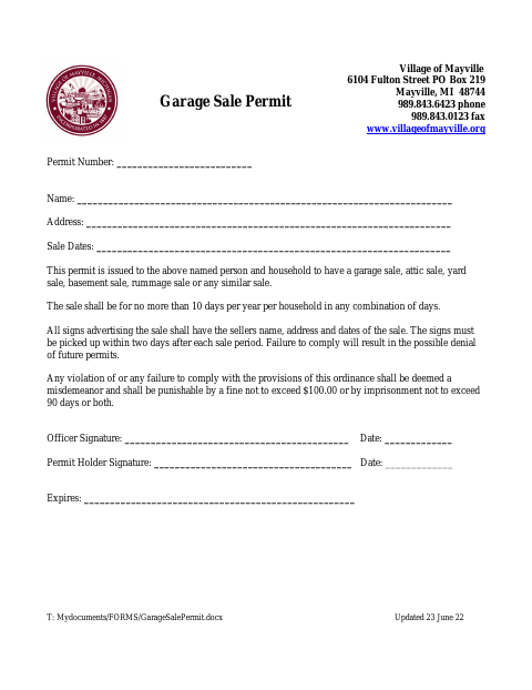 First page of the Garage Sale Permit