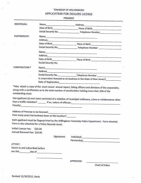 First page of the Dealers License Application