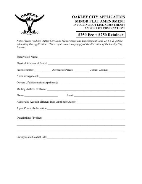 First page of the Minor Plat Amendment Application