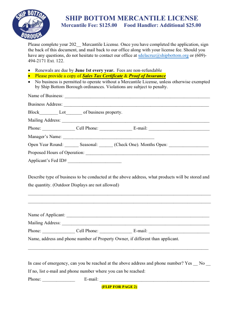 First page of the Mercantile License Application