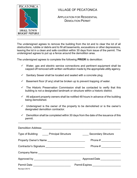 First page of the Residential Demolition Permit Application
