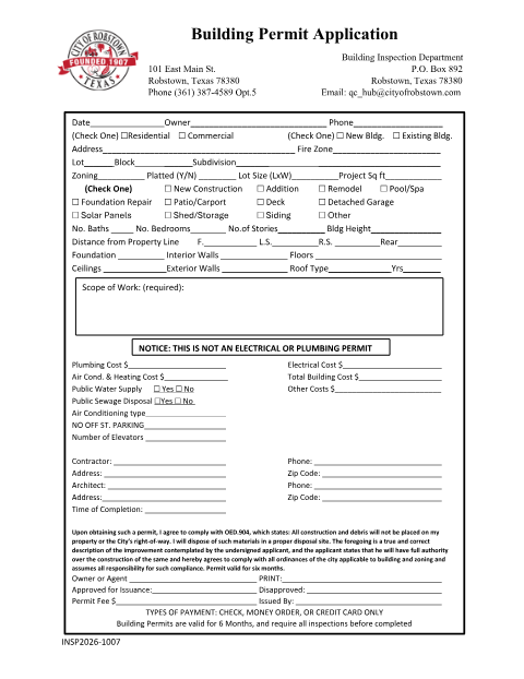 First page of the Building Permit Application