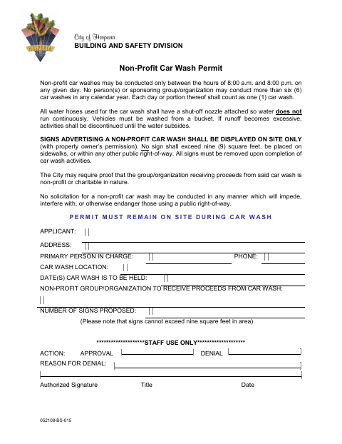 First page of the Non-Profit Car Wash Permit