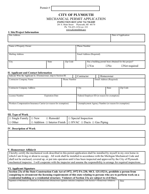 First page of the Mechanical Permit Application