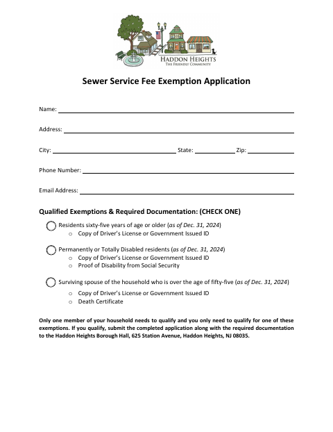 First page of the Sewer Service Fee Exemption Application