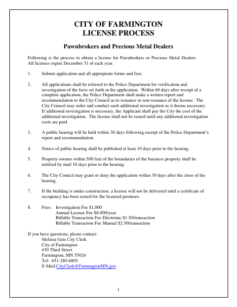 First page of the Pawnbrokers and Precious Metal Dealers License Application