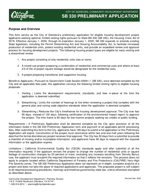 First page of the SB 330 Preliminary Application