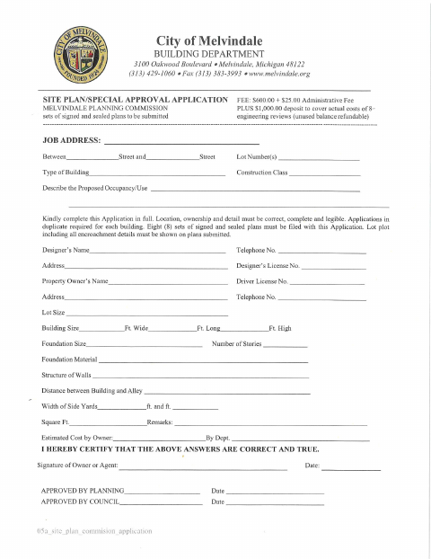 First page of the Site Plan/Special Approval Application
