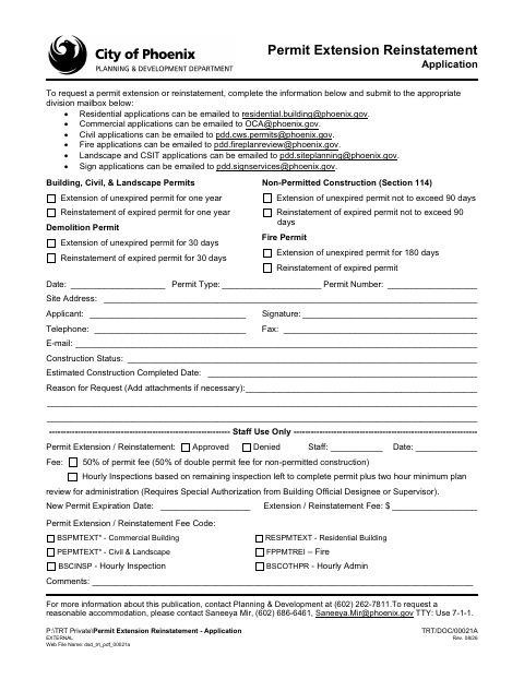 First page of the Permit Extension/Reinstatement Application