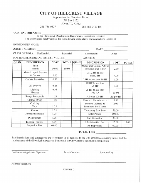 First page of the Electrical Permit Application