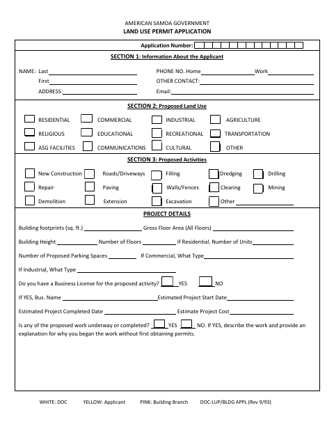 First page of the Land Use Permit Application