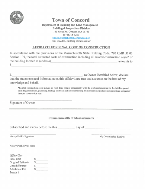 First page of the Affidavit for Final Cost of Construction