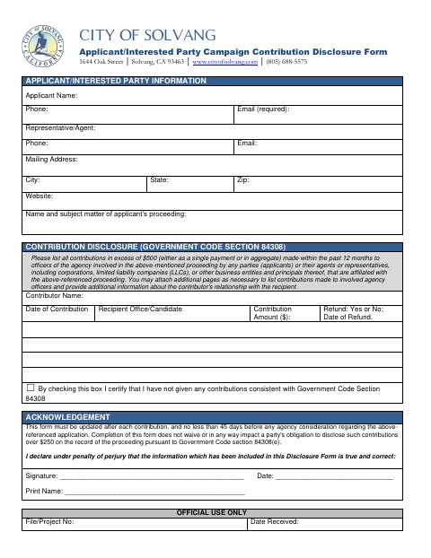 First page of the Applicant/Interested Party Campaign Contribution Disclosure Form