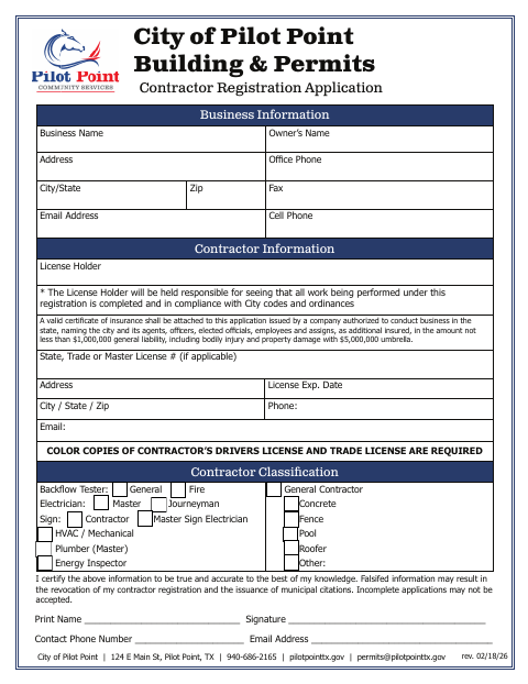 First page of the Contractor Registration Application