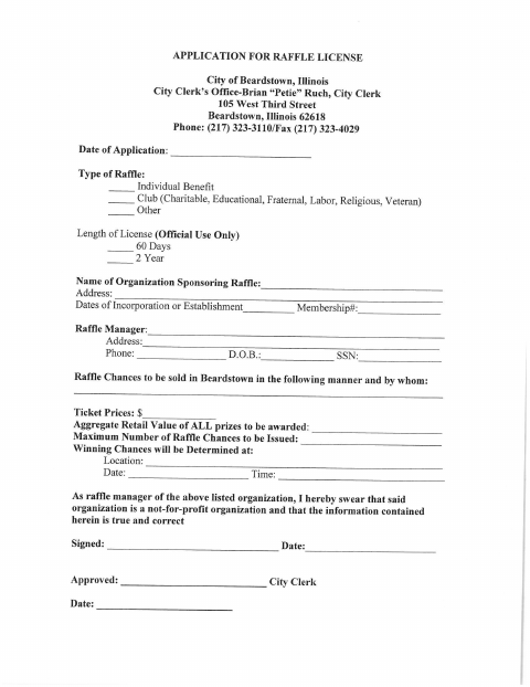 First page of the Raffle License Application