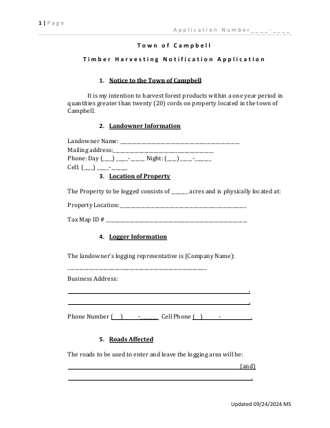 First page of the Timber Harvesting Notification Application