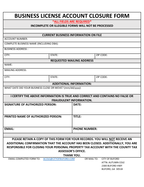 First page of the Business License Account Closure Form