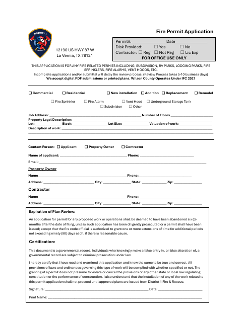 First page of the Fire Permit Application