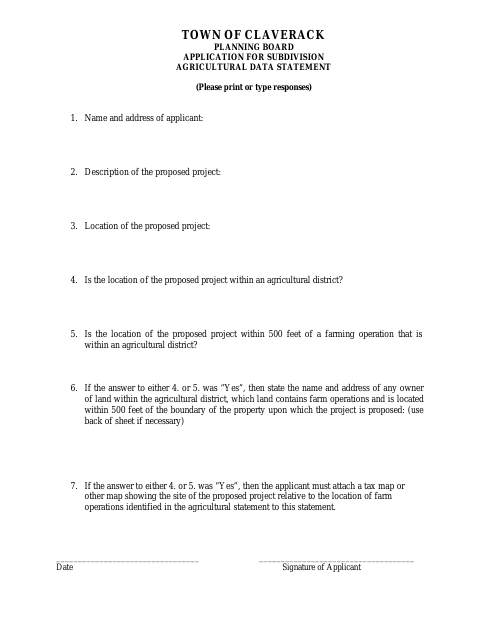 First page of the Subdivision Agricultural Data Statement