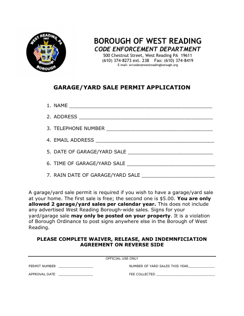First page of the Garage Sale/Yard Sale Permit Application