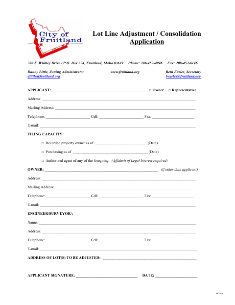 First page of the Lot Line Adjustment and Consolidation Application