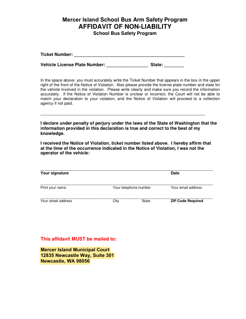 First page of the School Bus Arm Safety Program Affidavit of Non-Liability