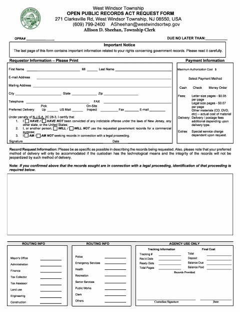 First page of the Open Public Records Act Request Form