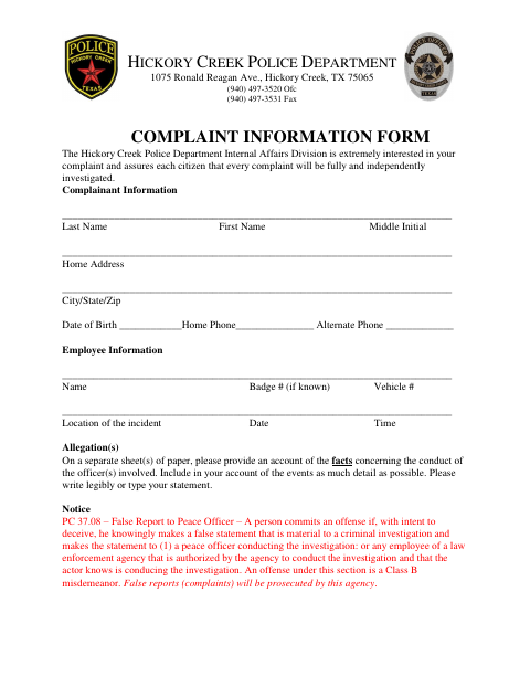 First page of the Complaint Information Form