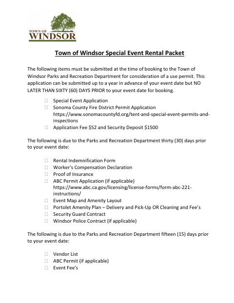 First page of the Special Event Rental Packet