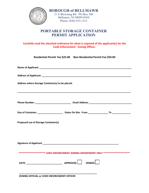 First page of the Portable Storage Container Permit Application