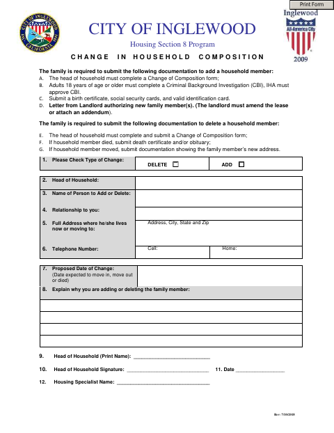 First page of the Change in Household Composition