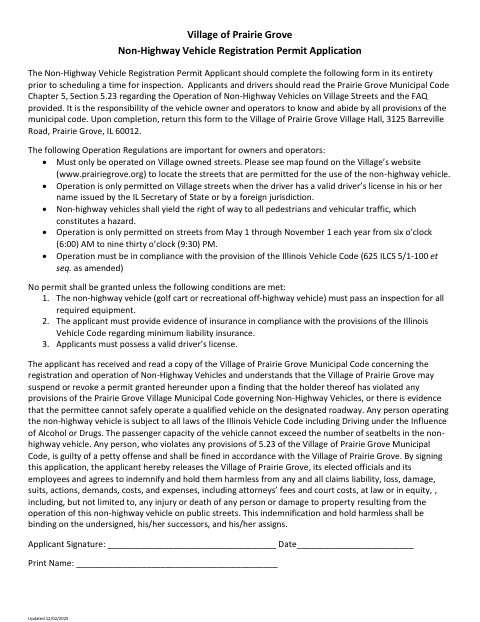 First page of the Non-Highway Vehicle Registration Permit Application