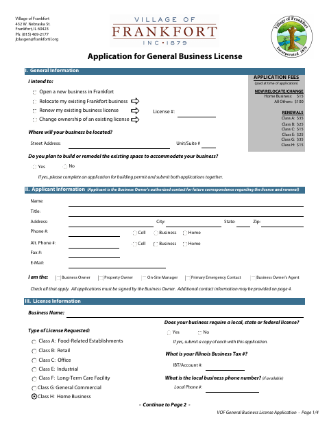 First page of the Application for General Business License