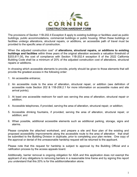 First page of the Construction Hardship Form