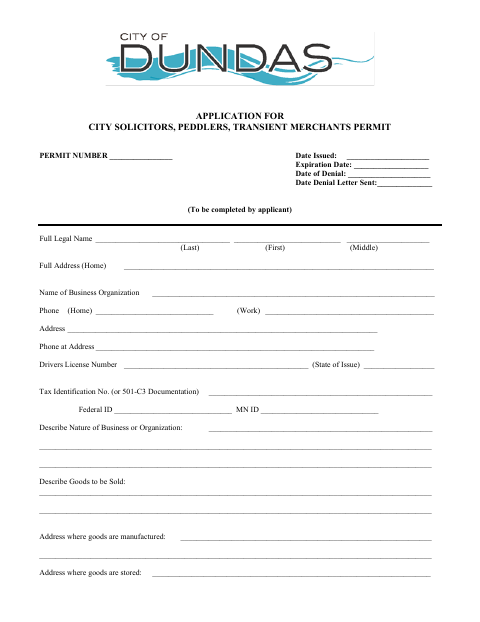 First page of the Peddler, Solicitor, and Transient Merchant Permit Application