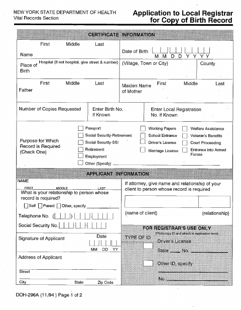First page of the Application to Local Registrar for Copy of Birth Record