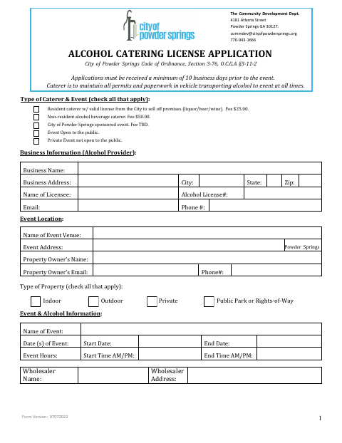 First page of the Alcohol Catering License Application