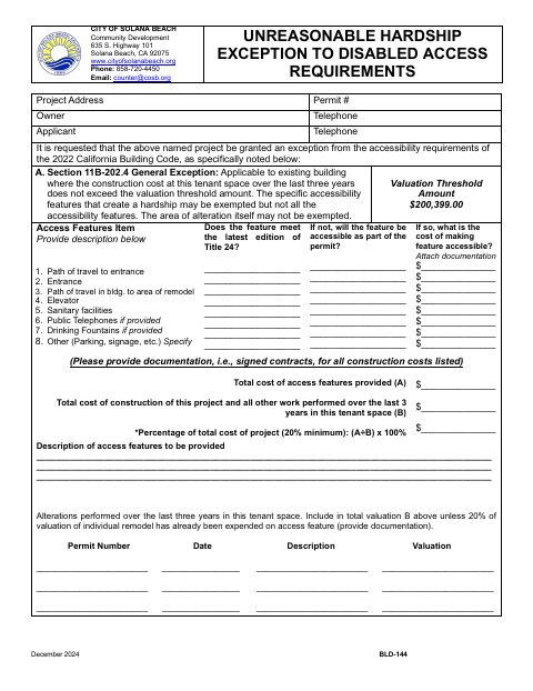 First page of the Unreasonable Hardship Exception to Disabled Access Requirements